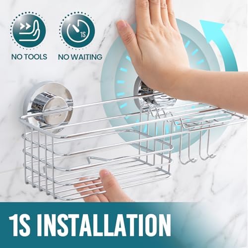TAILI Shower Caddy Suction Cup, 3 Pack Shelves for Inside with Hooks | Rustproof Silver Storage, Soap Holder, Toothbrush Cups, Removable Bathroom Organizer