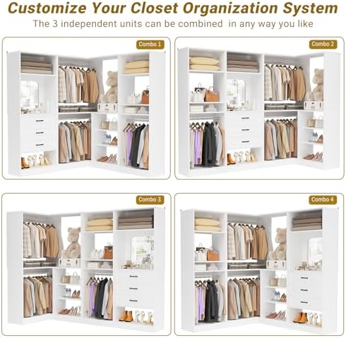 Unikito 86" Corner Closet System Organizer with Drawers & Mirror, White