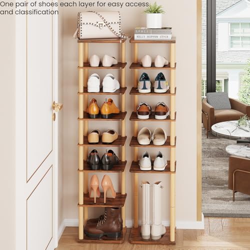 8 Tiers Vertical Shoe Rack, Tall Narrow Shoe Tower, Corner Shoe Rack, Brown