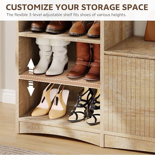 U-Shaped Shoe Cabinet Bench with Flip-Open Box & Shelf, Natural