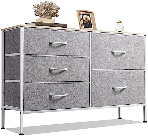 WLIVE 5 Drawer Fabric Dresser for Bedroom, Wide Storage Chest, Light Grey