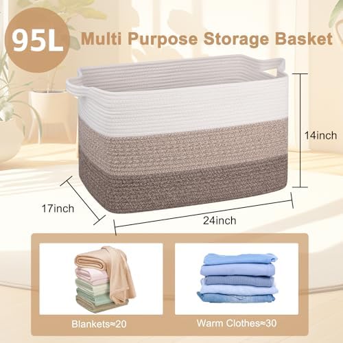 OIAHOMY Extra Large Blanket Basket, 95L Cotton Rope Woven Laundry Basket, Toy Bin for Baby Room, Container for Blanket Storage in Living Room, 24''×17''×14'', Gradient Brown