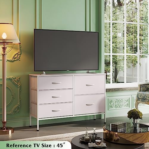 WLIVE 5 Drawer White Fabric Dresser for Bedroom, Wide Storage Chest