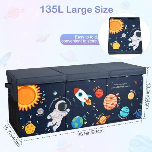 Toy Box with Adjustable Divider Large Toy Chest Storage for Nursery Kidroom | Extra large capacity, removable divider, top and side storage pockets, collapsible design, cute print for playroom decor