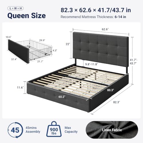 Allewie Queen Size Storage Bed Frame with 4 Underbed Drawers, Dark Grey