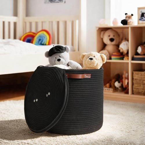 Storage Basket with Lid, 15"x13" Round Woven Blanket Storage for Living Room, Decorative Cotton Rope Hamper with Zipper Top, Black Laundry Basket with Lid, Floor Covered Kids Dog Toy Bin Box