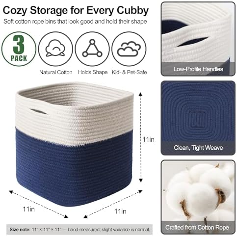 11x11 Cube Storage Bin - 3 Pack Woven Storage Cubes Organizer, 11 Inch Cotton Rope Baskets for Organizing, Decorative Square Shelf Baskets Closet Bins, Toy Boxes for Boy, Dark Blue Decor