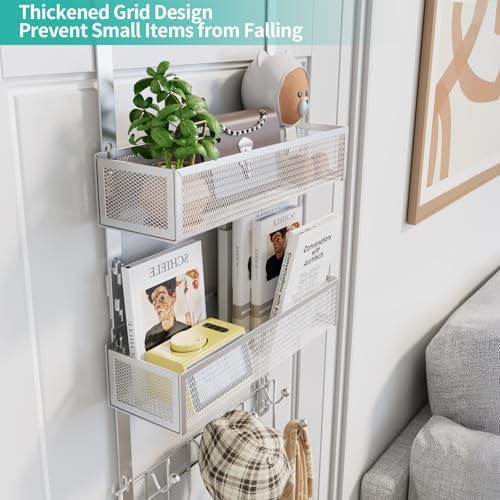 HapiRm Over The Door Hanger with Coat Hooks and 2 Baskets, Rustproof & Waterproof Over The Door Hooks, Storage Organizer for Hats, Bathroom, Kitchen, Bedroom-Silver (for 1.76in Doors)