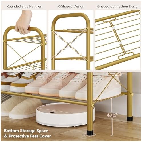 Hoctieon 3 Tier Mesh Style Shoe Rack, Entryway Shoe Shelf, Shoe Storage Organizer, Shoe Rack for Closet, Space Save for Bathroom, Garage, Hallway, Bedroom, Living Room, Gold