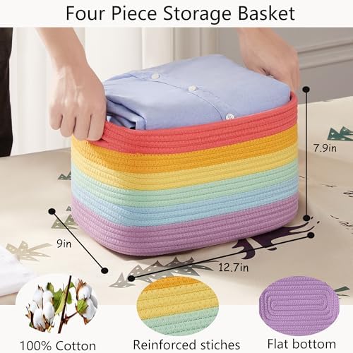 Rainbow Rope Basket for Storage 4 Pack Kids Baskets for Shelves