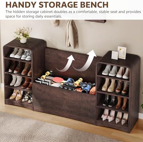 U-Shaped Shoe Cabinet Bench with Flip-Open Box & Shelf, Espresso