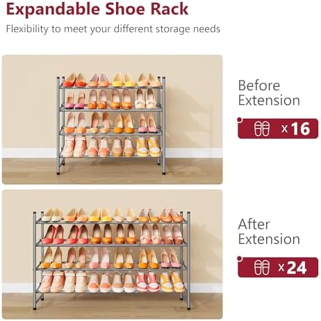 Tajsoon Expandable Shoe Rack for Closet 4 Tier, 28“-41“Stackable, Grey