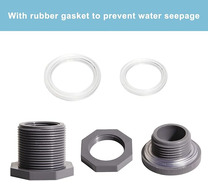 Ququyi 1/2 Inch PVC Bulkhead Water Tank Connector Adapter Fitting with Plugs Thru-Bulk Pipe Fitting for Rain Barrels, Aquariums, Ponds(Set of 3)