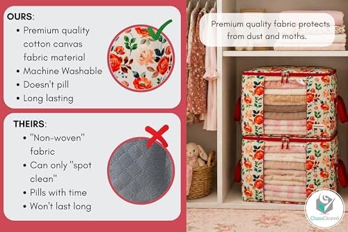 Chaos Cleared Canvas Storage Bags Designer Organizer 2 Pack – Seasonal Storage for Sweaters, Blankets, Linens & Garments – Foldable Design with Zip & Window (Red Floral Print)