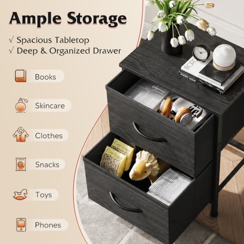 WLIVE Night Stand Set 2, Nightstand with 2 Fabric Drawers, Small Dresser for Bedroom, Bedside Table for Small Spaces, Dorm, Charcoal Black Wood Grain Print