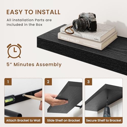 Floating Shelves for Wall, Wall Mounted Wood Shelves, Black, Set of 2, 55in | Wood Floating Shelf with Invisible Brackets for Living Room, Bathroom, Bedroom, Kitchen, Hanging Shelf for Storage and Decor