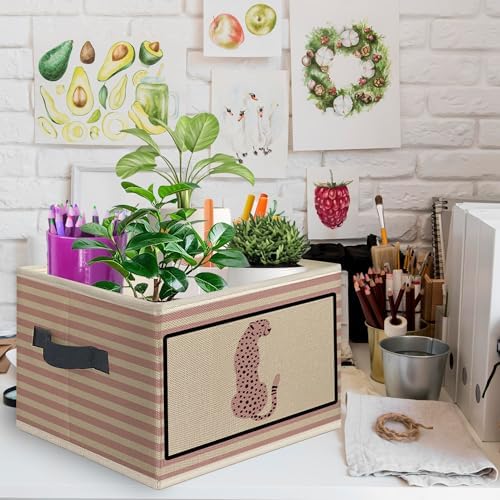 Pink Trendy Retro Cheetah Foldable Storage Bins Box with Handles, Pink Striped Leopard Print Girls Collapsible Toys Books Clothes Organizer Basket for Girly Room Bedroom Bathroom Dorm
