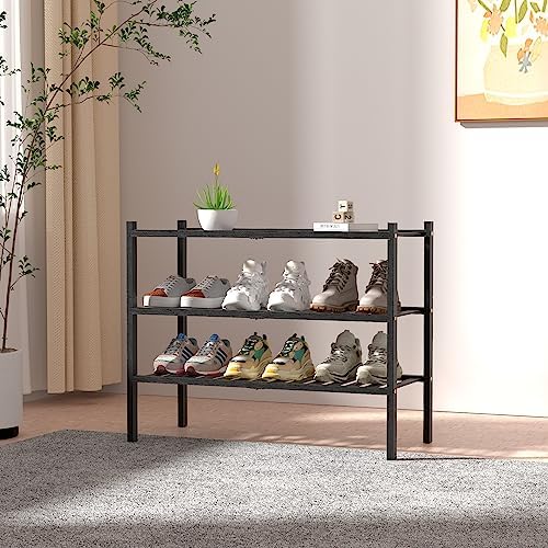 ROMGUAR CRAFT 3 Tier Bamboo Shoe Rack for Closet Free Standing Wood Shoe Shelf Storage Organizer for Entryway Small Space Stackable 27"x11"x20" (Black) (Pack of 2)