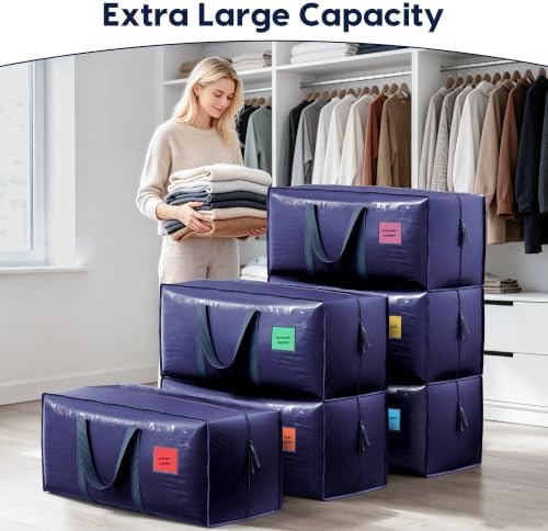 6 Pack Moving Bags Heavy Duty 210GSM with Full-Open Side Zipper, 93L 220lbs Waterproof Foldable Storage Totes for College Dorm Move-In, Moving Boxes Alternative & Home Organization, Blue