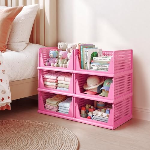 Pink Girl Closet Organizers and Storage Stackable Plastic Drawer Basket for Clothing Stackable Storage Bins Shelf Storage Container for RV Closet Wardrobe Bedroom Bathroom Playroom 6 Pack