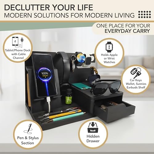 Nightstand Organizer for Men - Night Stand, Bedside or Dresser (Black)