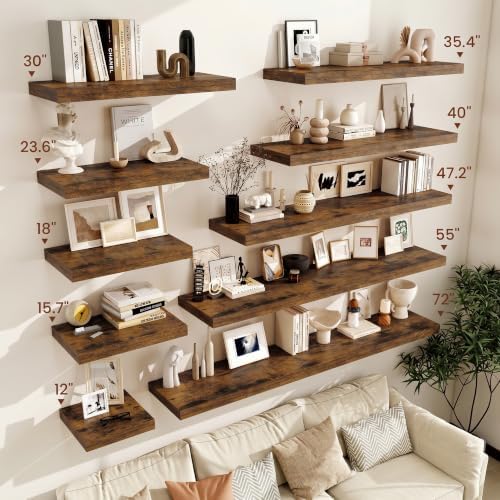 Vivelove Deep Floating Shelves 36x12” Set of 2, Rustic Brown | Easy Install With Hardware, 2" Thick, Invisible Brackets, Wall Mounted, No Sagging, For Any Room