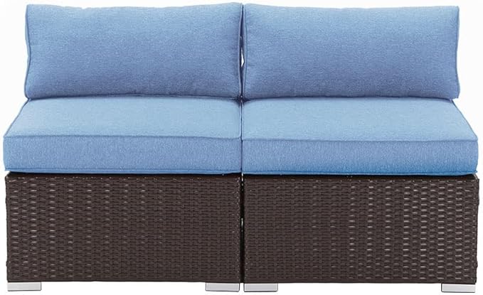 COSIEST 2-Piece Outdoor Furniture Add-on Armless Chairs for Expanding Chocolate Brown Wicker Sectional Sofa Set w Heritage Blue Thick Cushions for Garden, Pool, Backyard