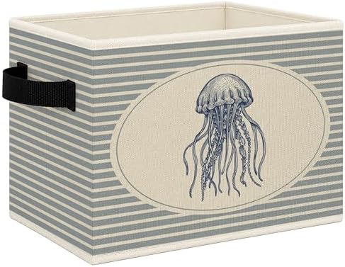 Blue Coastal Beach Jellyfish Foldable Storage Bins Box with Handles, Ocean Nursery Jellyfish Marine Life Collapsible Toys Books Clothes Organizer Basket for Kids Nursery Bedroom Bathroom
