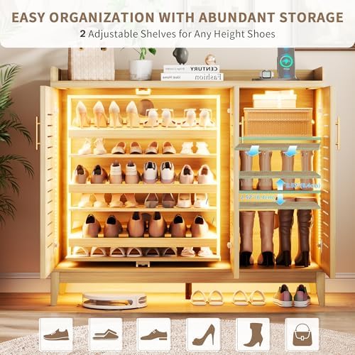Vlsrka Rotating Shoe Storage Cabinet with Slatted Doors and Lights, Wood