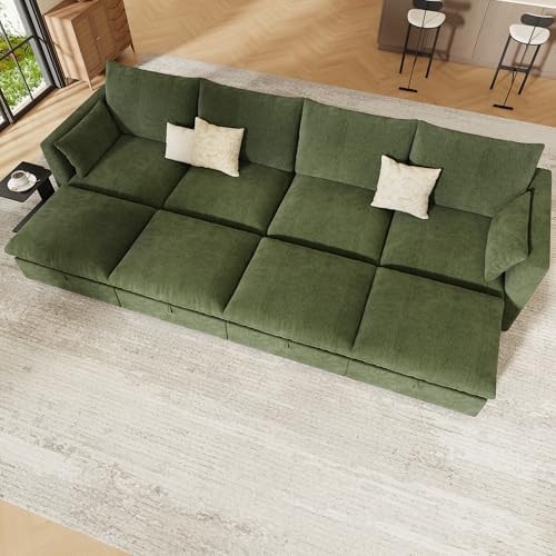 WorthFurni Oversized Modular Sectional Sofa,144" Sleeper Sofa Bed Sectional Cloud Couch with Storage Ottoman,Comfty 8 Seat Modular Sofa for Living Room,Green Chenille