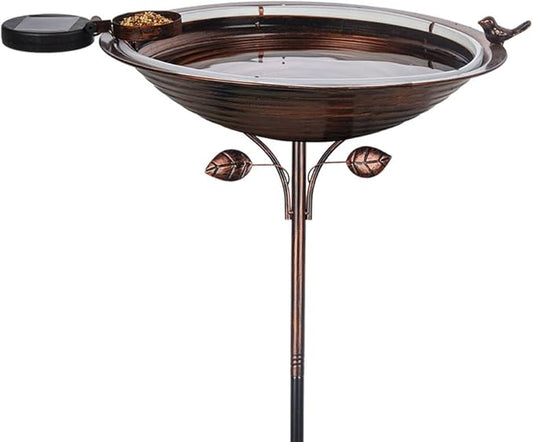dreamysoul Bird Baths for Outdoors 15" Dia Large Metal Bird Bath with Solar Strip Lights, 5 Prongs Outdoor Copper Birdbath for Lawn Yard Garden Decor