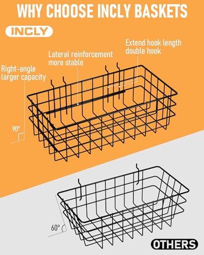 INCLY 4 Pack Pegboard Baskets Bins Set, Black Metal Pegboard Accessories | 4 Size Square Style, Metal Wire Basket, For Any Peg Board Organizing Tools, Workbench Garage Wall Storage
