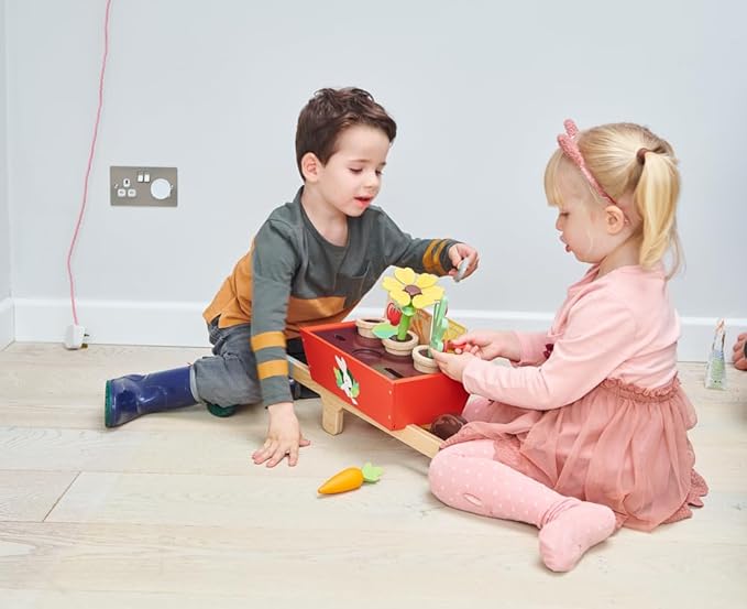 Tender Leaf Toys Garden Wheelbarrow Set – Deluxe Wooden Gardening Toy with Tools & Accessories – Supports Learning, Creativity & Outdoor Role Play – Age 3+