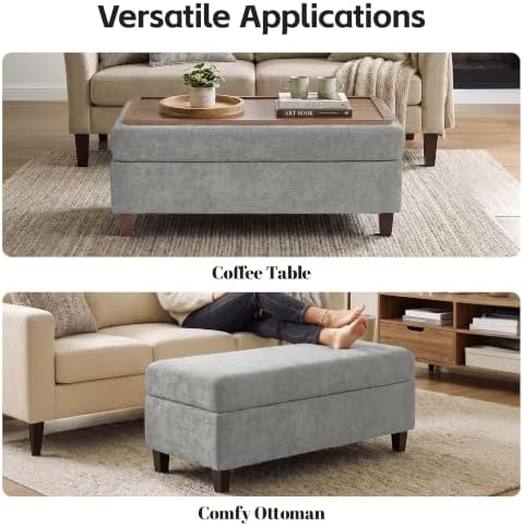GENTEACO 45" Ottoman Coffee Table with Storage, Reversible Wooden Tray Top, Large Chenille Upholstered Ottoman, Hidden Storage Foot Rest Bench for Living Room, Bedroom, Entryway,Light Gray