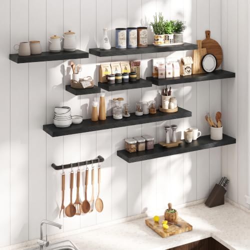 30 Inch Floating Shelves for Wall 2 Pack, 8"D Wood Grain Bathroom Shelves | Invisible Brackets, Black Finish, Easy Install | Engineered Wood Storage Shelves for Kitchen, Study, Bedroom