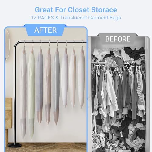 Garment Bags for Hanging Clothes (24''X48'' Set of 12) Suit Bags for Closet Storage Plastic Waterproof Suit Cover Bags with Zipper for Suit, Sweaters, Coat Protector Travel Closet Clothing