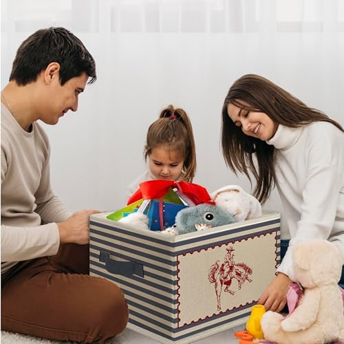 Western Cowboy Nursery Foldable Storage Bins Box with Handles, Retro Blue Striped Western Collapsible Toys Books Clothes Organizer Basket for Kids Boy Nursery Room Bedroom Bathroom Playroom