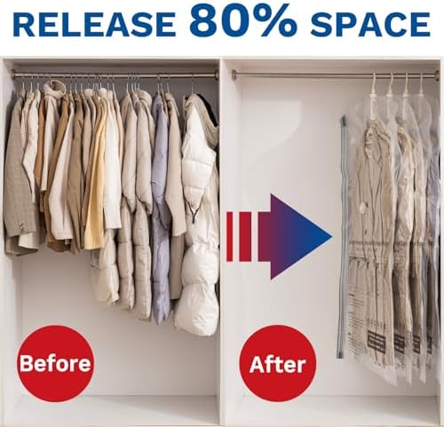 Hanging Vacuum Storage Bags, Space Saver for Clothing, 4 Long with Pump | Vacuum Seal Bags for Clothing with Electric Pump, Hanging Garment Storage for Jackets, Suit, Dresses, Winter Closet Organizer