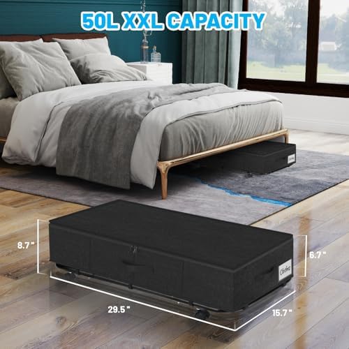 Large Sturdy Under Bed Storage with Wheels, 2 Pack 50L Rolling Underbed Storage Bins, Under Bed Containers Drawer with Metal Bottom Support, Bedroom Organizer with Lids for Clothes, Shoes, Blankets