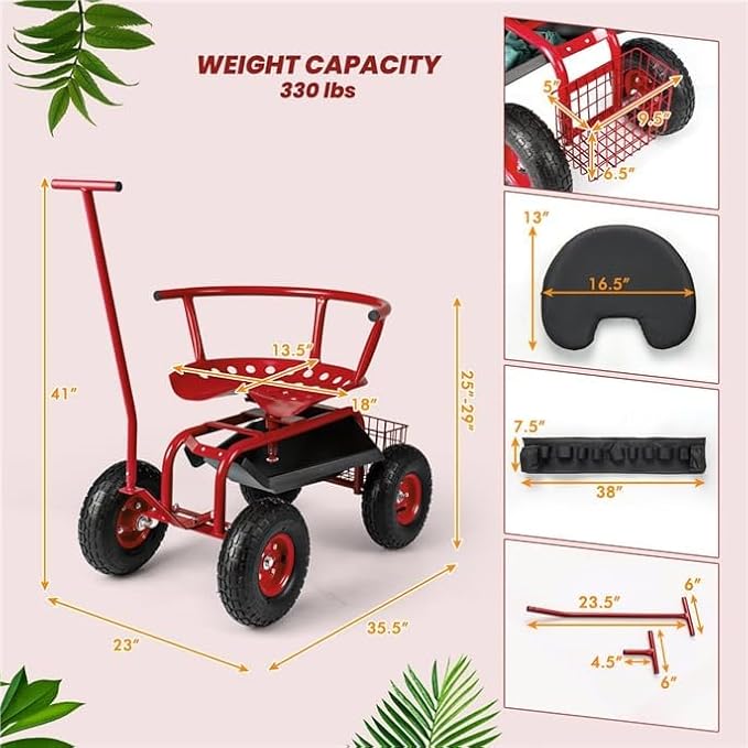 ERGOMASTER Garden Seat with Wheels, Outdoor Gardening Wagon Scooter, 2 Steering Handles, 360° Swivel Workseat & Tool Storage, Use for Patio, Yard, Lawn, Red