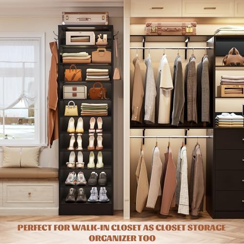 Aheaplus 10 Tiers Narrow Wood Shoe Rack, Tall Shoe Storage Cabinet, Black