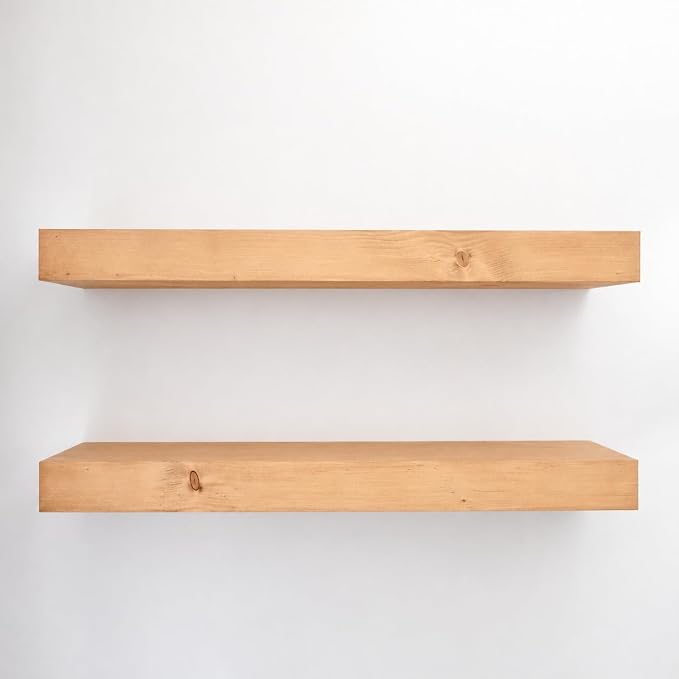 Urbandi Modern Floating Shelves 3 Inches Thick for Wall, Wide Shelves for Kitchen, Living Room, Bedroom, and Bathroom, Natural Pine Wood, Rustic Wooden Shelf, (Set of 2) (Aged Oak, 24Lx3Hx8D)