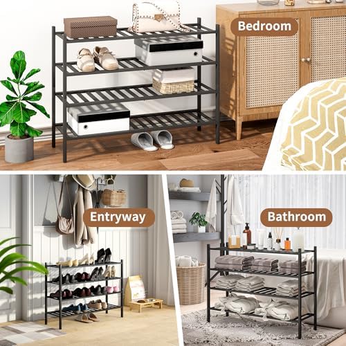 Bamboo Shoe Rack Stackable Shoe Shelf Storage Organizer for Unit Entryway Hallway and Closet Sturdy Freestanding Shoe Shelf (4L Tier Black)