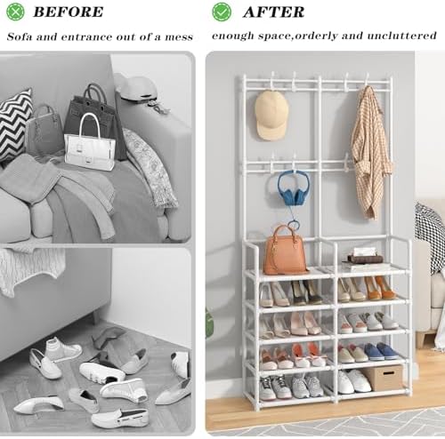 Laiensia 5-Tier Entryway Coat Rack, Coat and Shoe Rack, Entryway Bench Storage Organizer with 8 Hooks for Bedroom, Hallway, Office, White