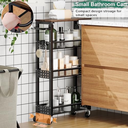 4 Tier Slim Rolling Cart with Wheels for Between Washer and Dryer Storage