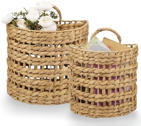 Set of 2 Wicker Hanging Basket for Organizing, Front Door, Mail, Flowers - Woven Wall Baskets for Storage
