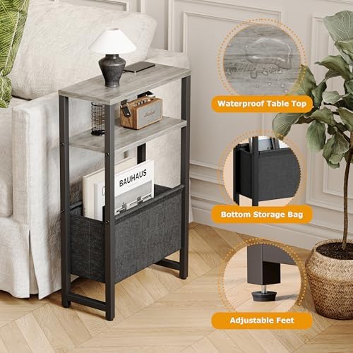 Narrow Side Table, Slim End Table with Magazine Rack, Skinny Bedside Table for Small Spaces, 3 Tier Sofa Couch Table Nightstand for Living Room, Bedroom,Oak Grey LET503Q