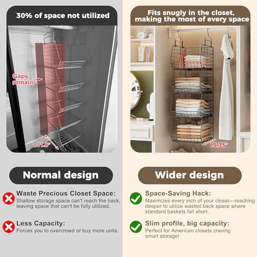 4" Extra Deeper Hanging Closet Organizers and Storage,4 Tier Foldable Wire Cabinet Shelves with 5 S Hooks,Small Metal Basket Bins for Clothes Sweaters Handbags, Wardrobe for Kitchen Laundry Room，Black