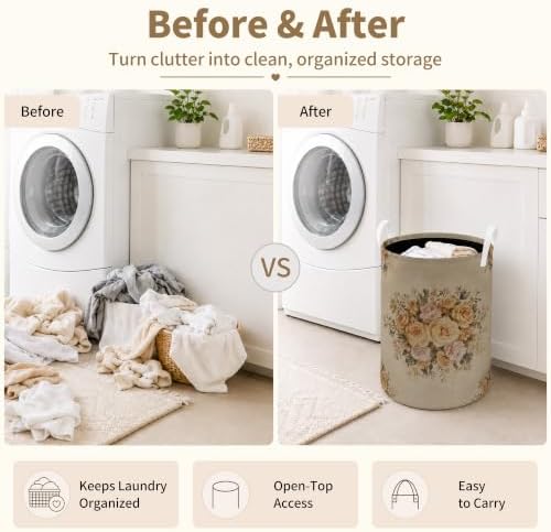 Vintage Floral Laundry Basket, Floral Bathroom Decor, Retro French Country Rose Flower Waterproof Laundry Hamper Clothes Toys Storage Organizer Bin for Bathroom Bedroom