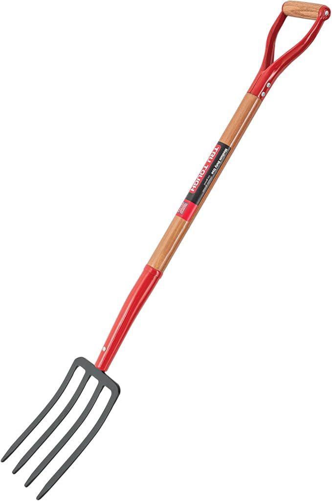 Truper Spading Fork, 4-Tine Steel Head, 30-Inch, Wood D-Handle, Heavy-Duty Garden & Landscaping Digging Fork (Model 30293)